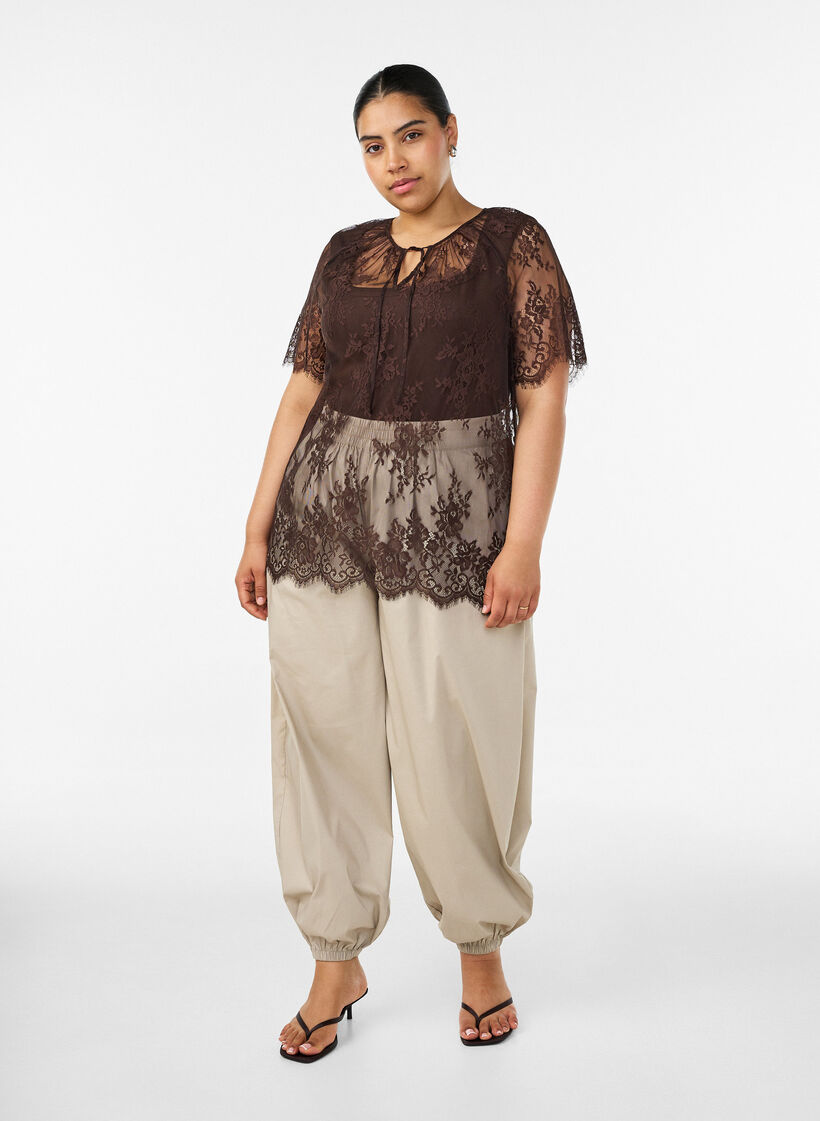 Short-sleeved lace blouse with tie-fastening, Brown, Model image number 1