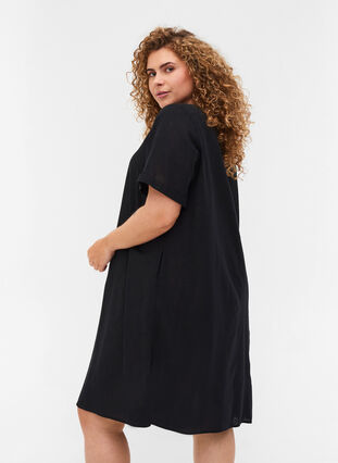 Short-sleeved dress in a cotton blend with linen, Black, Model image number 1