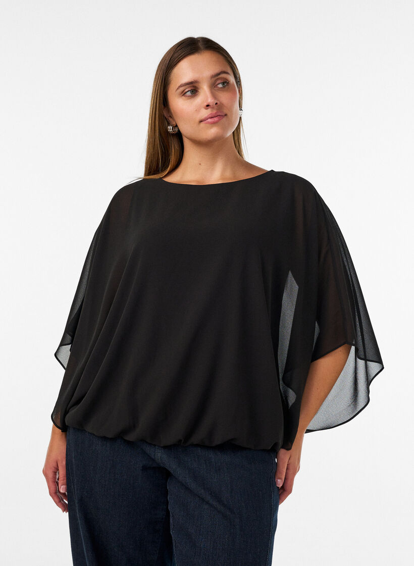 Chiffon blouse with balloon effect, Black, Model image number 0