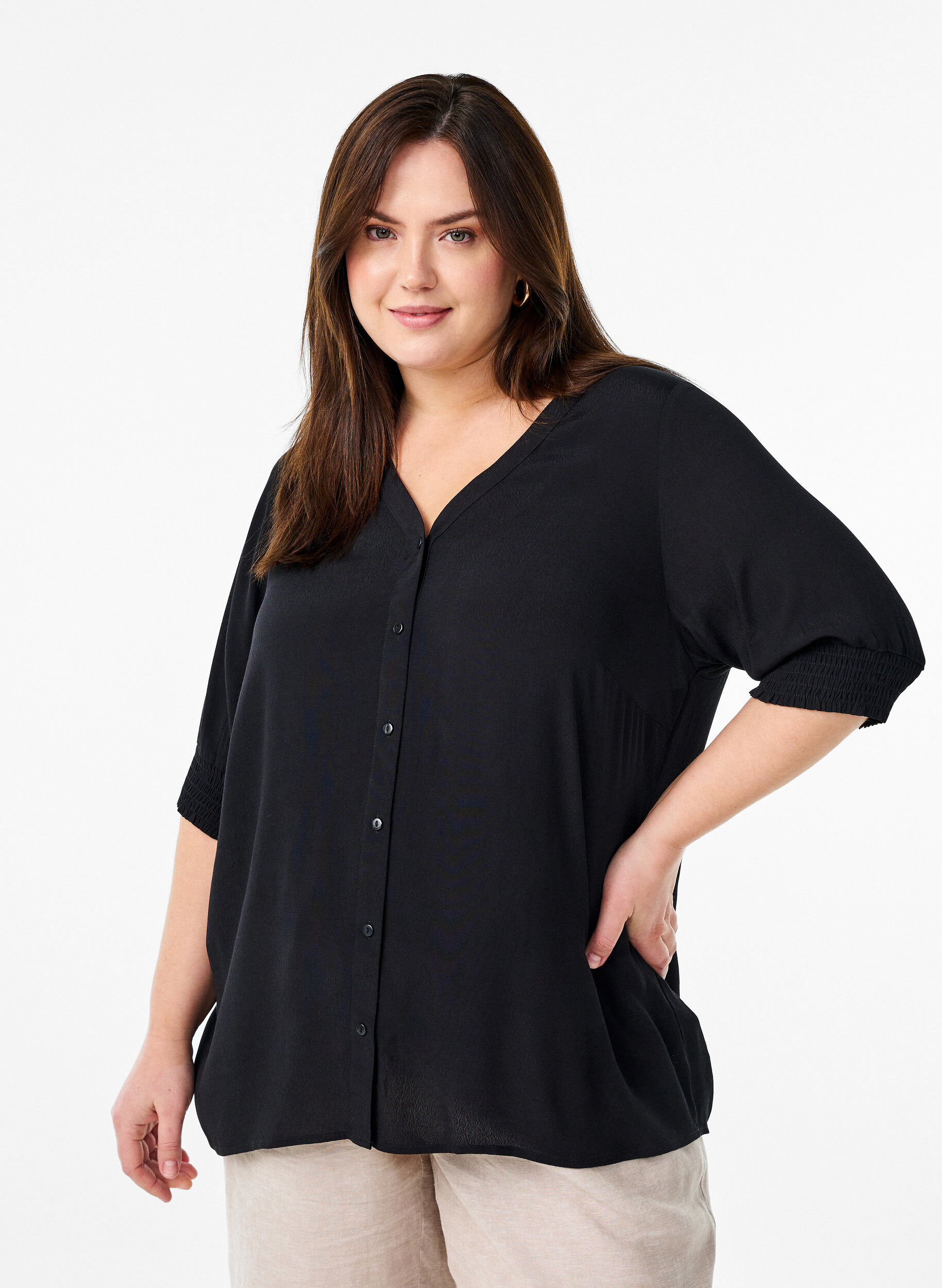 Zizzifashion Short-sleeved viscose blouse, Black, Model image number 0