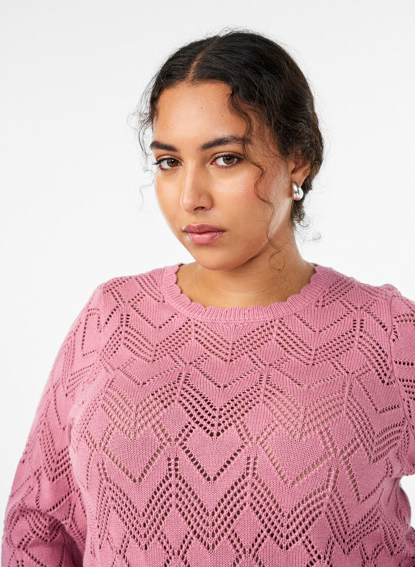Patterned knit blouse with wavy edge and round neckline, Rose, Model image number 3