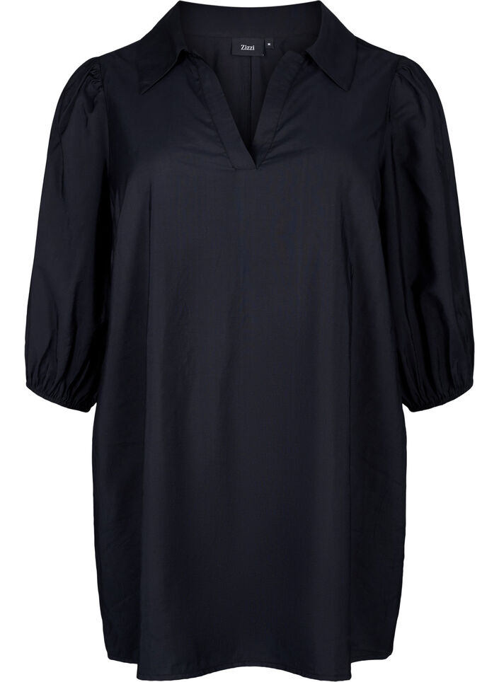 Viscose tunic with V-neck and collar, Black, Packshot image number 0