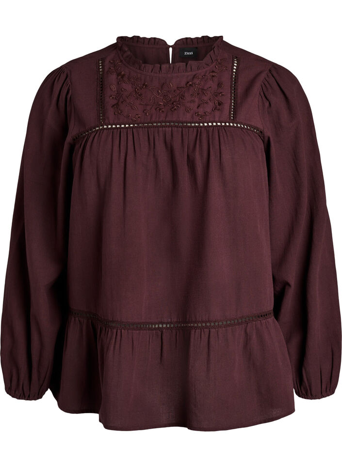 Blouse with embroidery and eyelet embroidery trim, Dark Bordeaux, Packshot image number 0