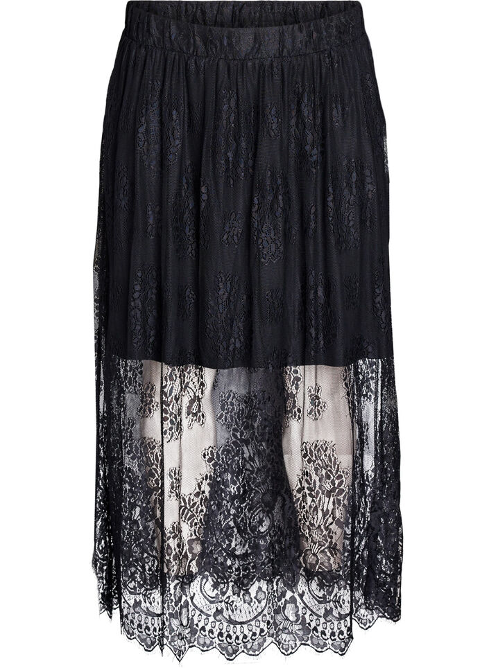 Long lace skirt with elastic waist, Black, Packshot image number 0