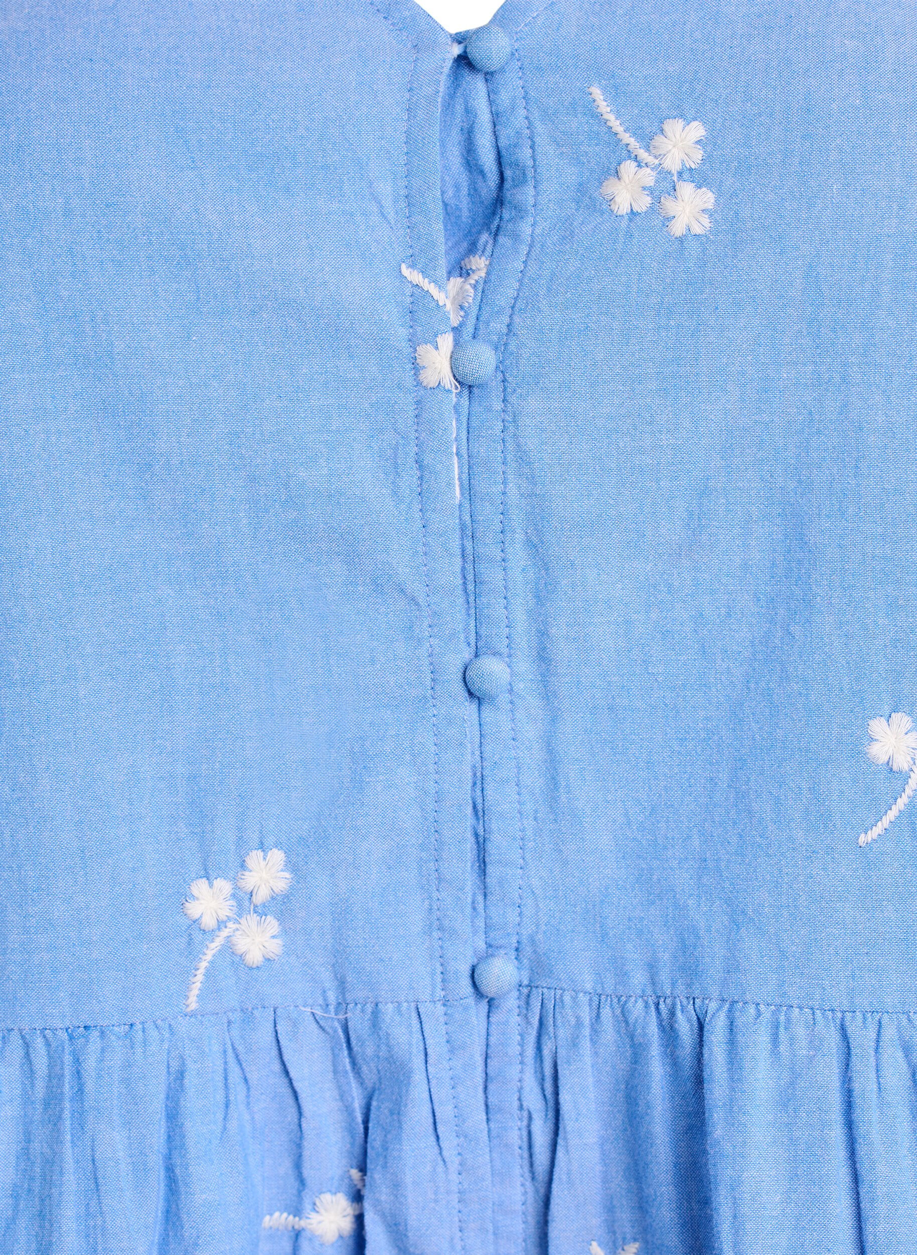 Zizzifashion Cotton blouse with embroidered flowers and button fastening, Light Blue, Packshot image number 2