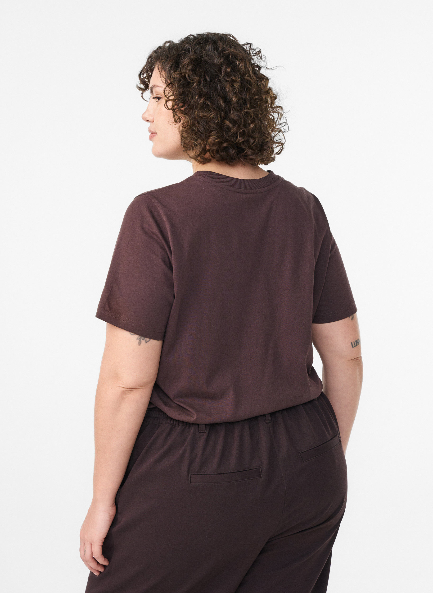 Zizzifashion Basic cotton T-shirt with round neck, Brown, Model image number 2