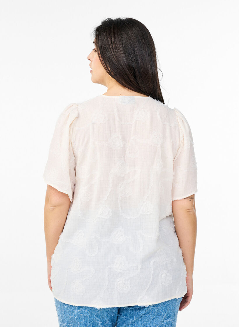 Short-sleeved shirt blouse with a 3D flower effect, Beige, Model image number 2