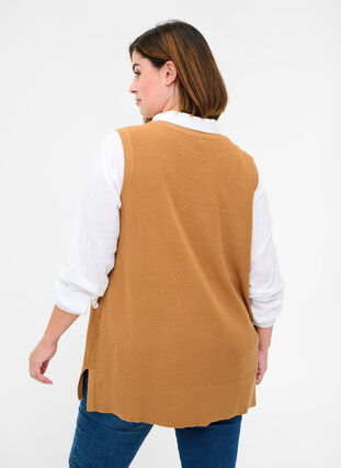 Knitted vest with rounded neckline and slits, Tobacco Brown, Model image number 1