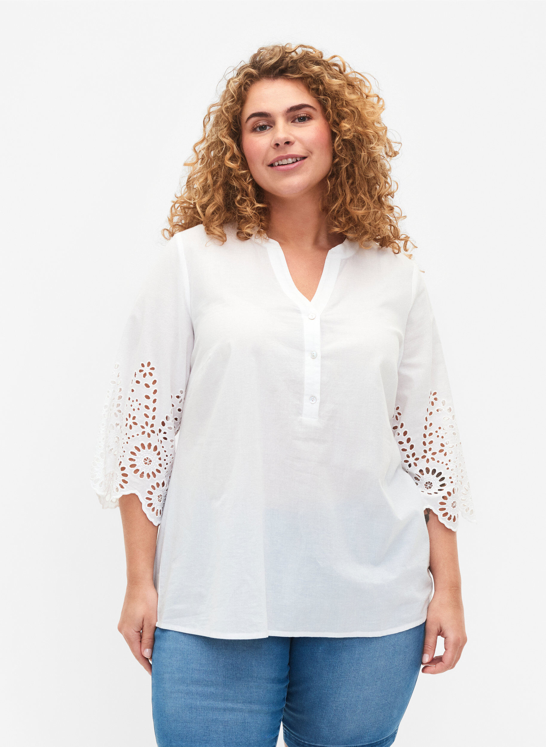 Zizzifashion Shirt-blouse with broderie anglaise and 3/4 sleeves, Bright White, Model image number 0