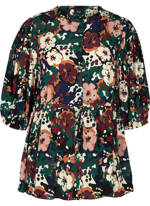 Floral viscose blouse with 3/4 length sleeves, Multi Flower AOP, Packshot image number 0