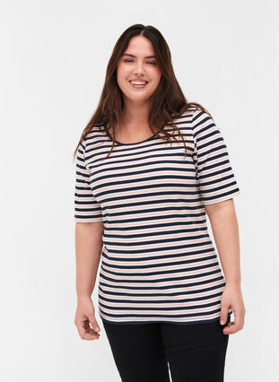 Striped, ribbed cotton t-shirt, Blue Rose Stripe, Model image number 0