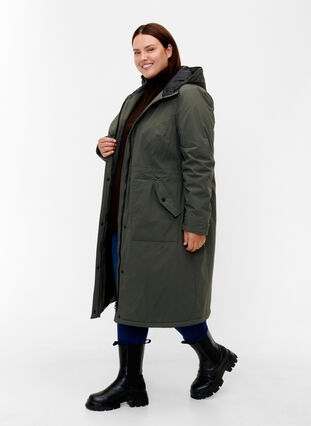Parka coat with hood and adjustable waist, Black Olive, Model image number 0