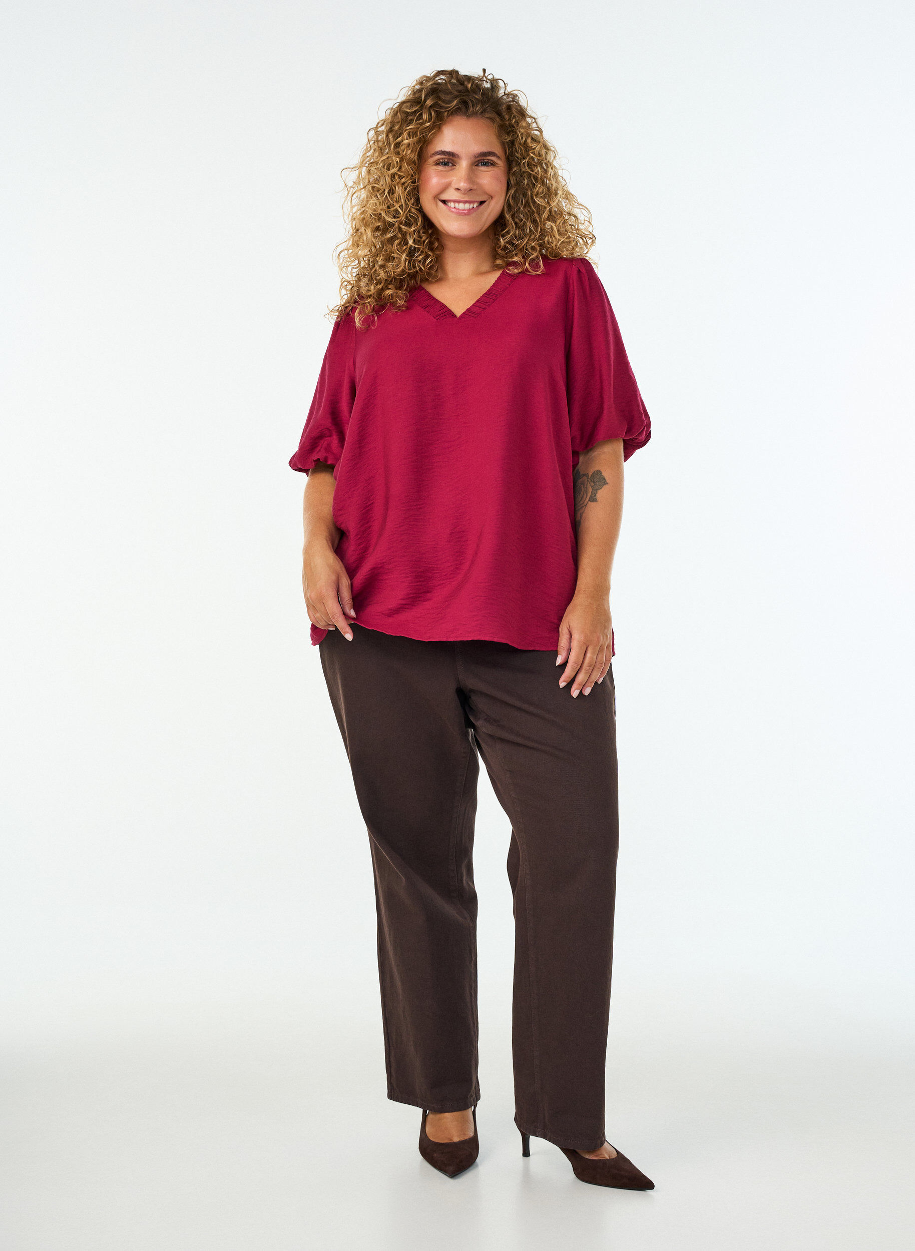 ZizzifashionBlouse with balloon sleeves and V-neck, Red, Model image number 1