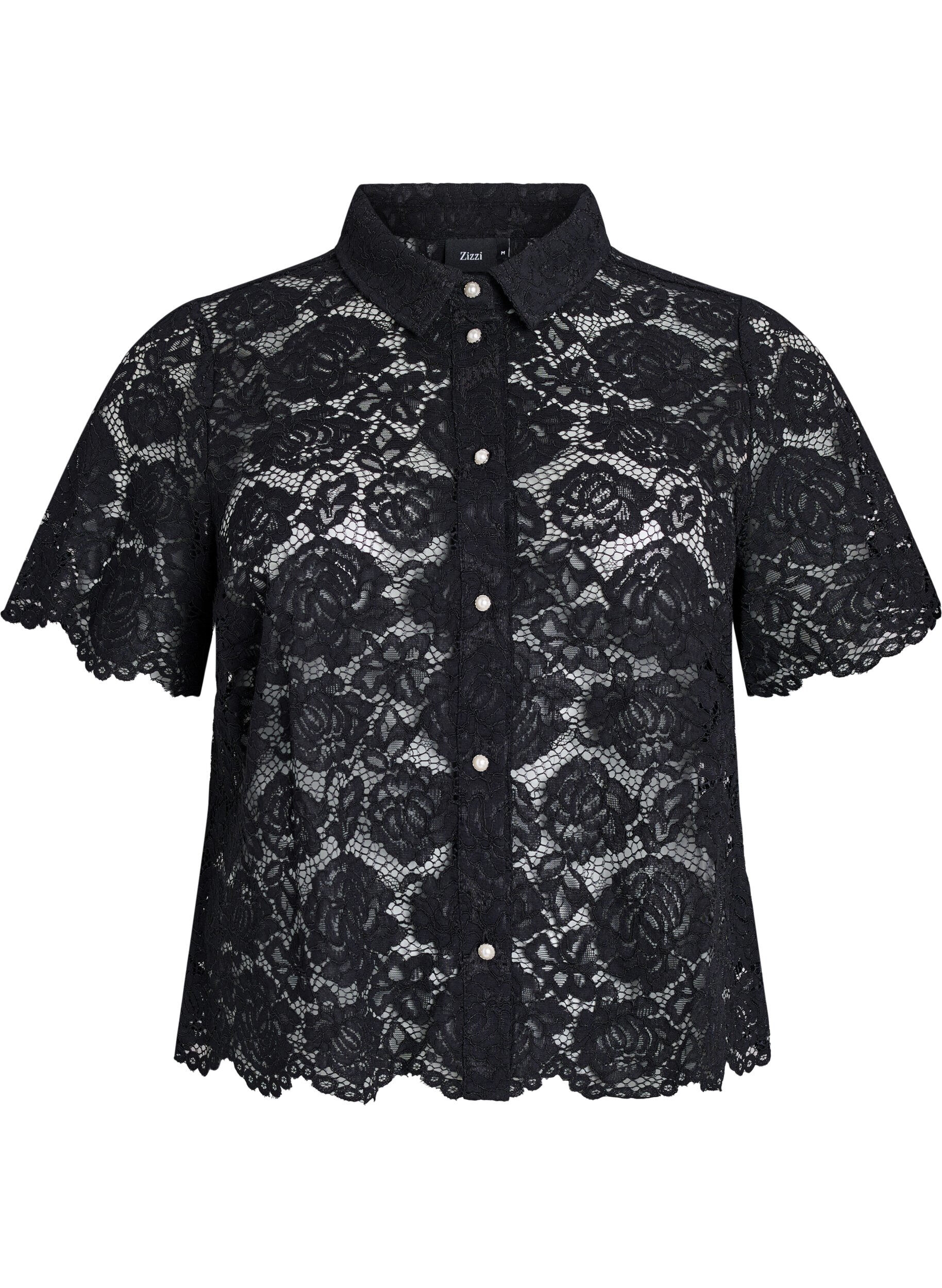 Zizzifashion Lace shirt blouse with pearl buttons, Black, Packshot image number 0