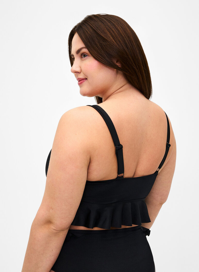 Bikini top with removable pads and ruffle trim, Black, Model image number 1
