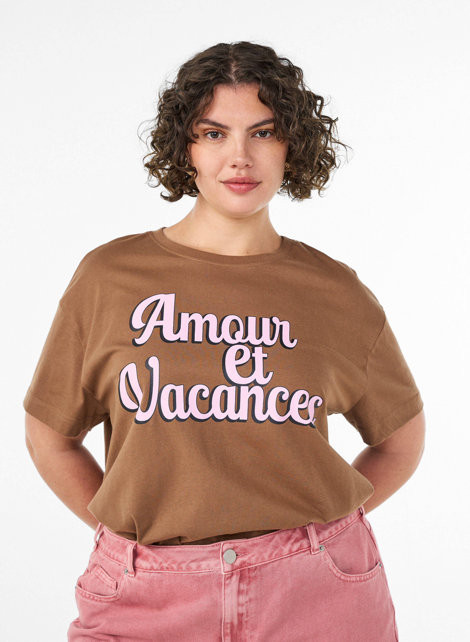 Zizzifashion 100% cotton T-shirt with short sleeves and print, Brown, Model image number 0
