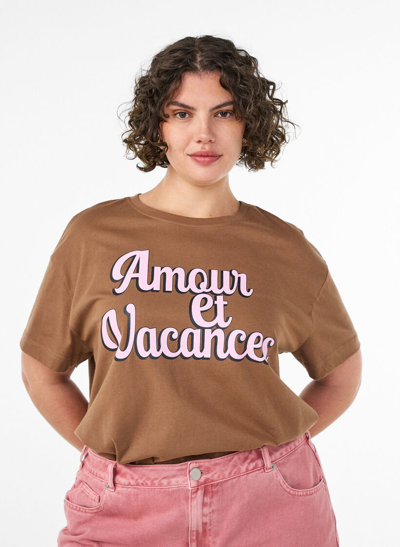100% cotton T-shirt with short sleeves and print, Brown, Model image number 0