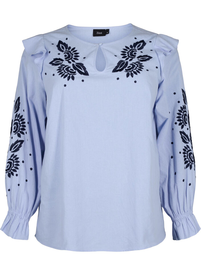 Cotton blouse with embroidery and ruffles, Light Blue, Packshot image number 0