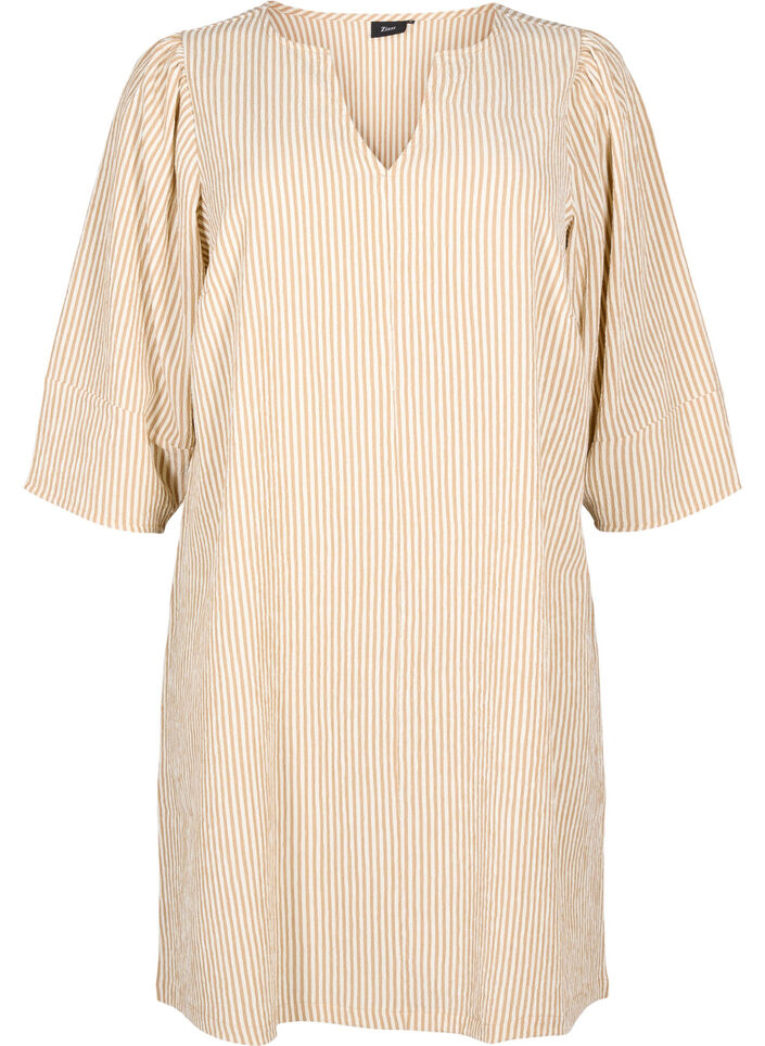 Striped dress with 3/4 sleeves, Camel Stripe, Packshot image number 0