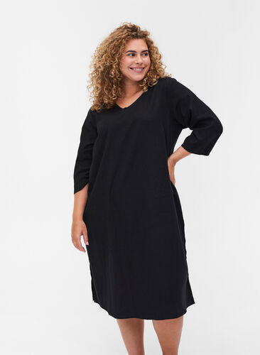 Cotton dress with 3/4 sleeves and buttons, Black, Model image number 0