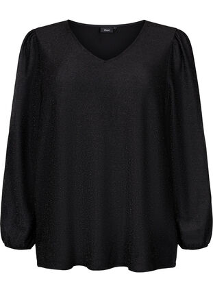 Glitter blouse with puff sleeves, Black Black, Packshot image number 0