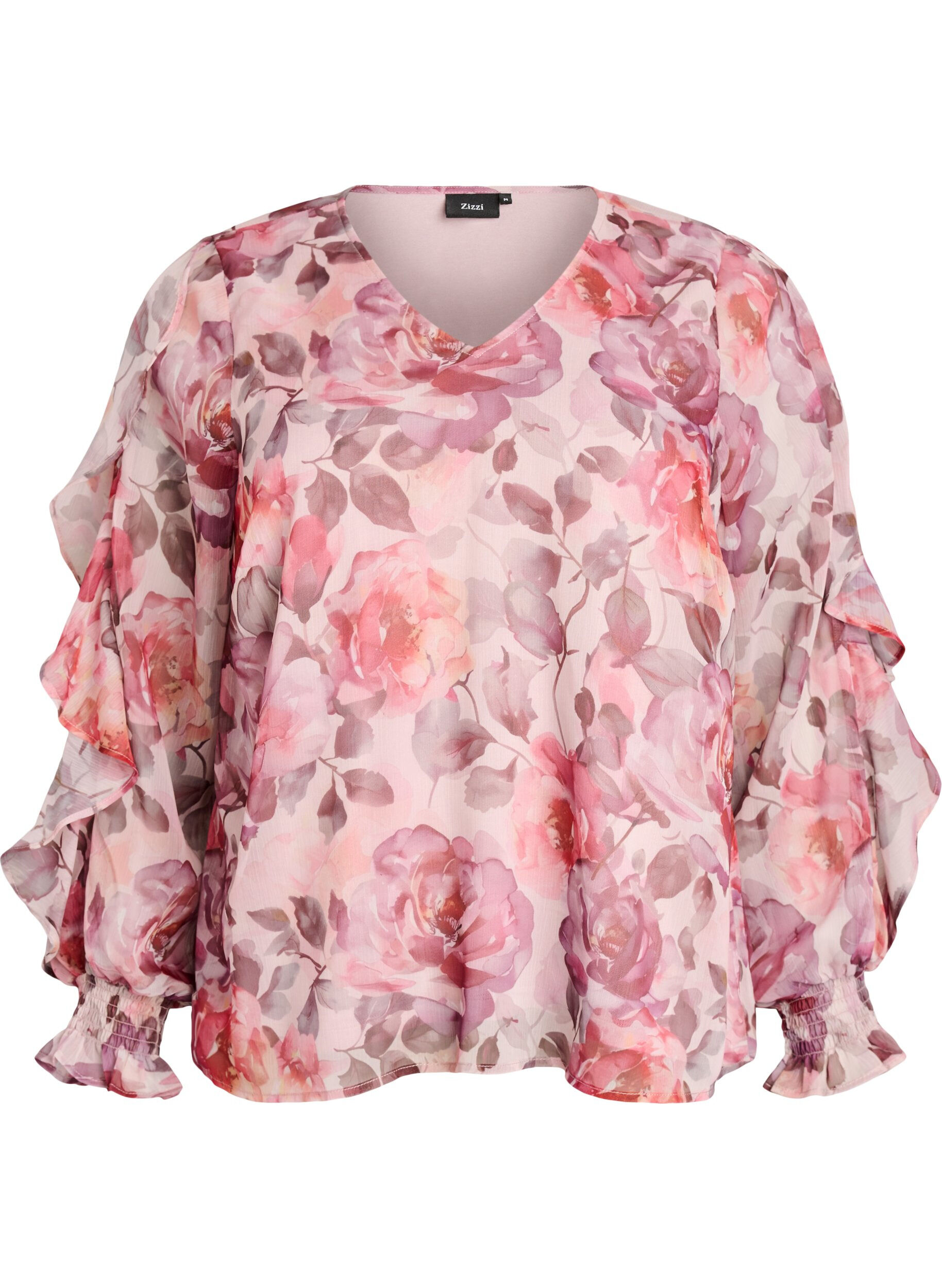 ZizzifashionFloral blouse with a V-neck and ruffle sleeves, Rose, Packshot image number 0