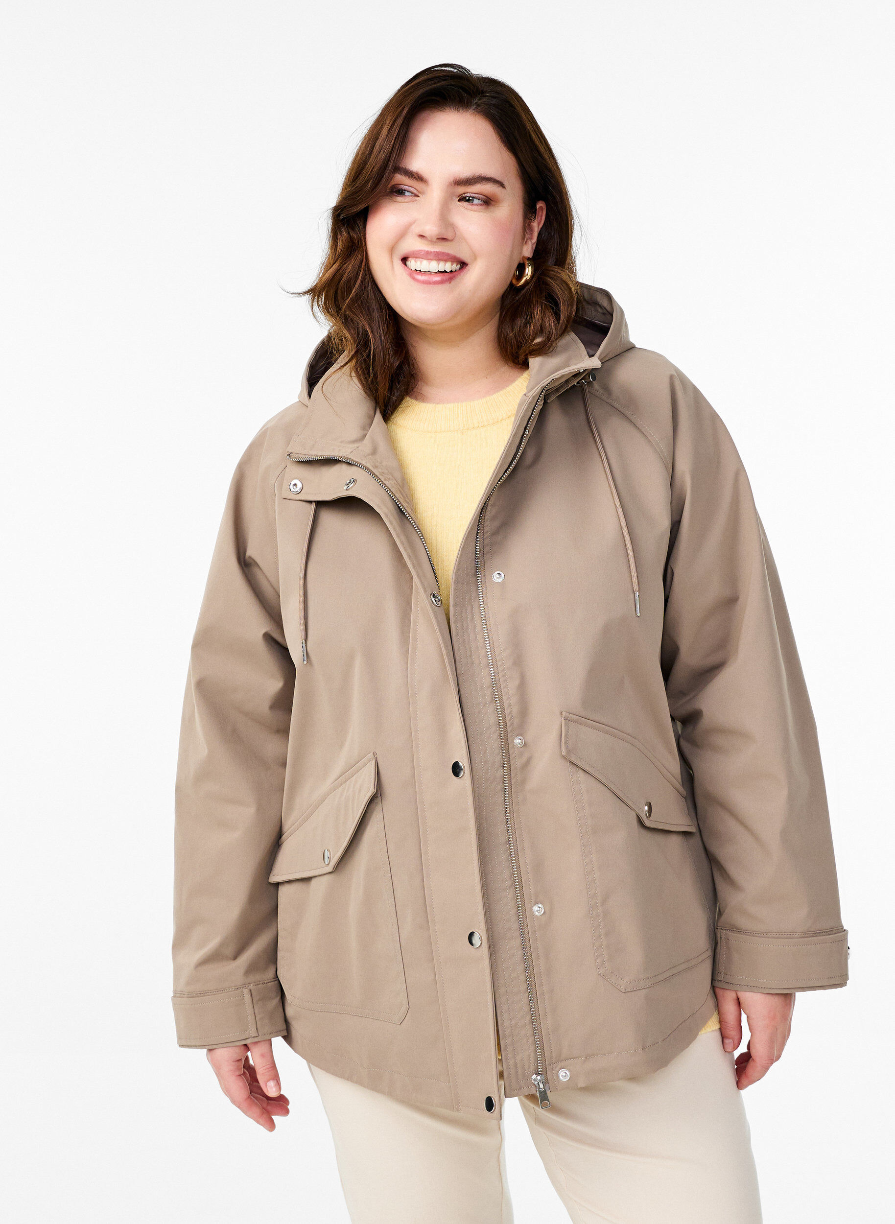 Short spring jacket with detachable hood, Beige, Model