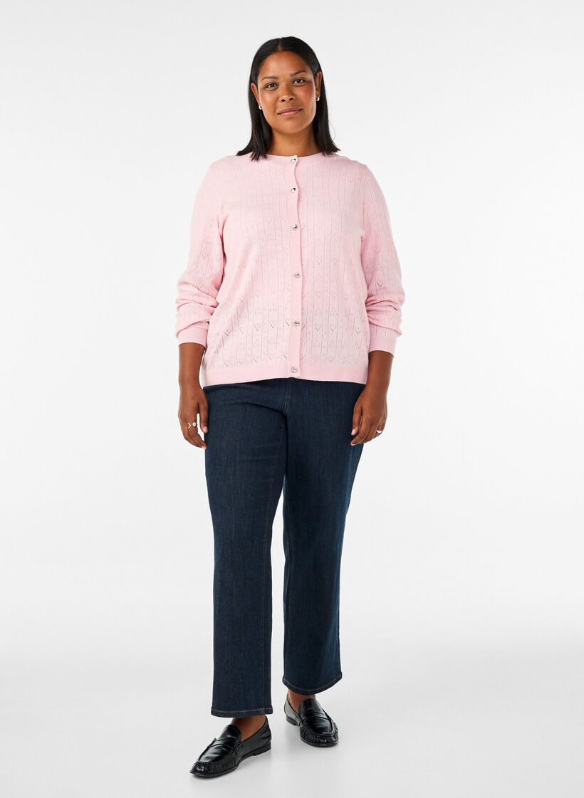 Knitted cardigan with heart eyelet embroidery, Pink, Model image number 1