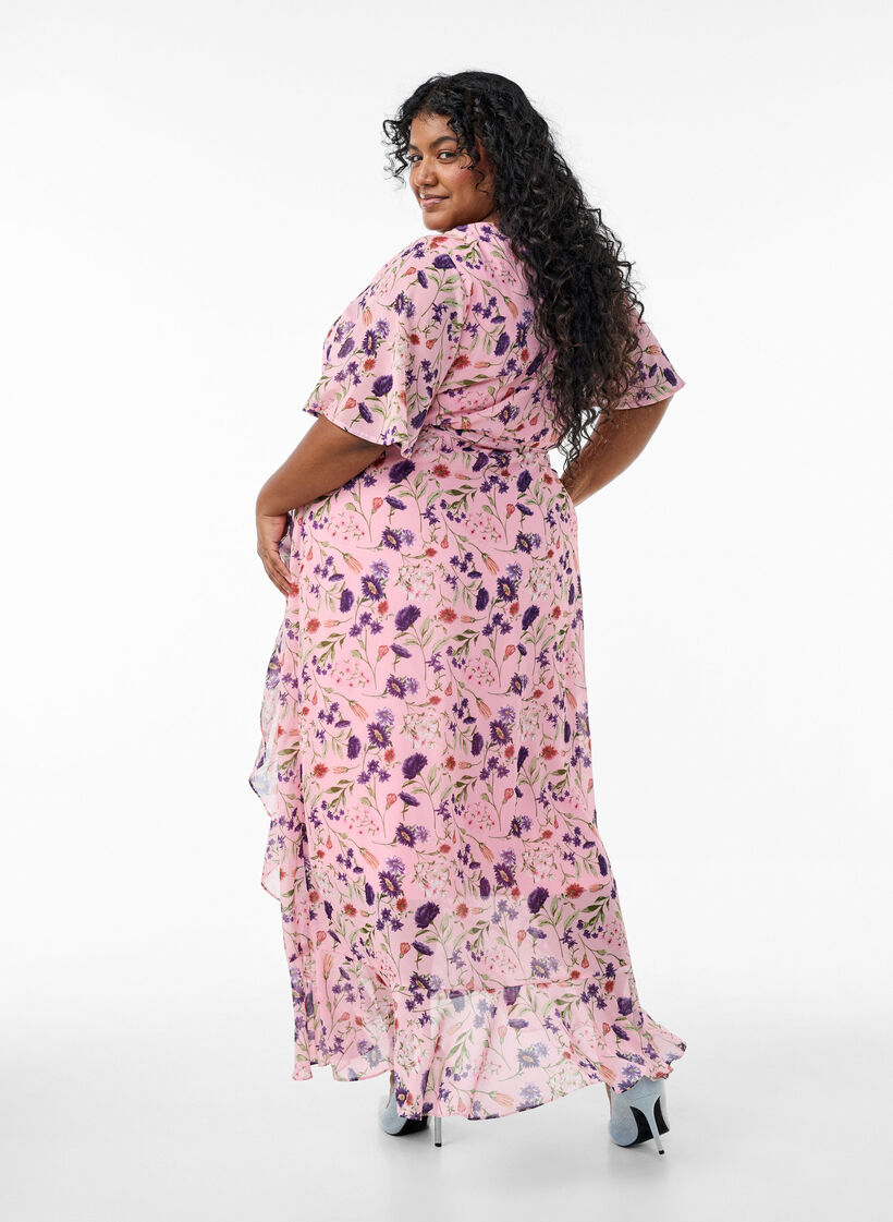 Long dress with batwing sleeves and floral print, Rose Flower AOP, Model image number 1