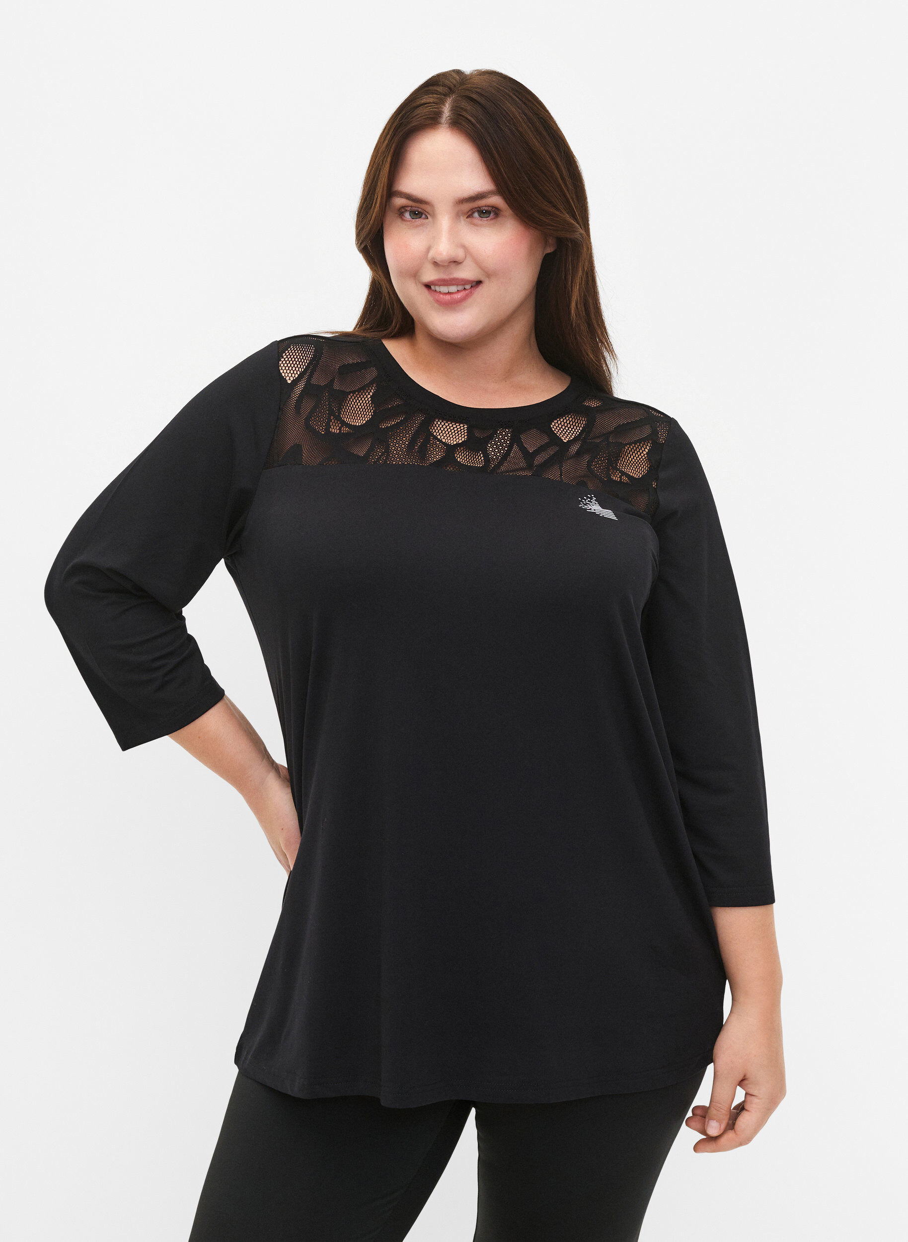 Zizzifashion Workout t-shirt with 3/4 sleeves and patterned mesh, Black, Model image number 0