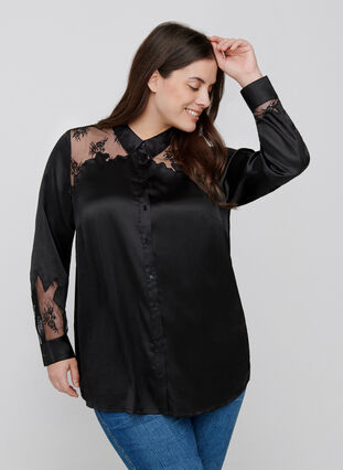 Shirt with mesh and lace, Black, Model image number 0