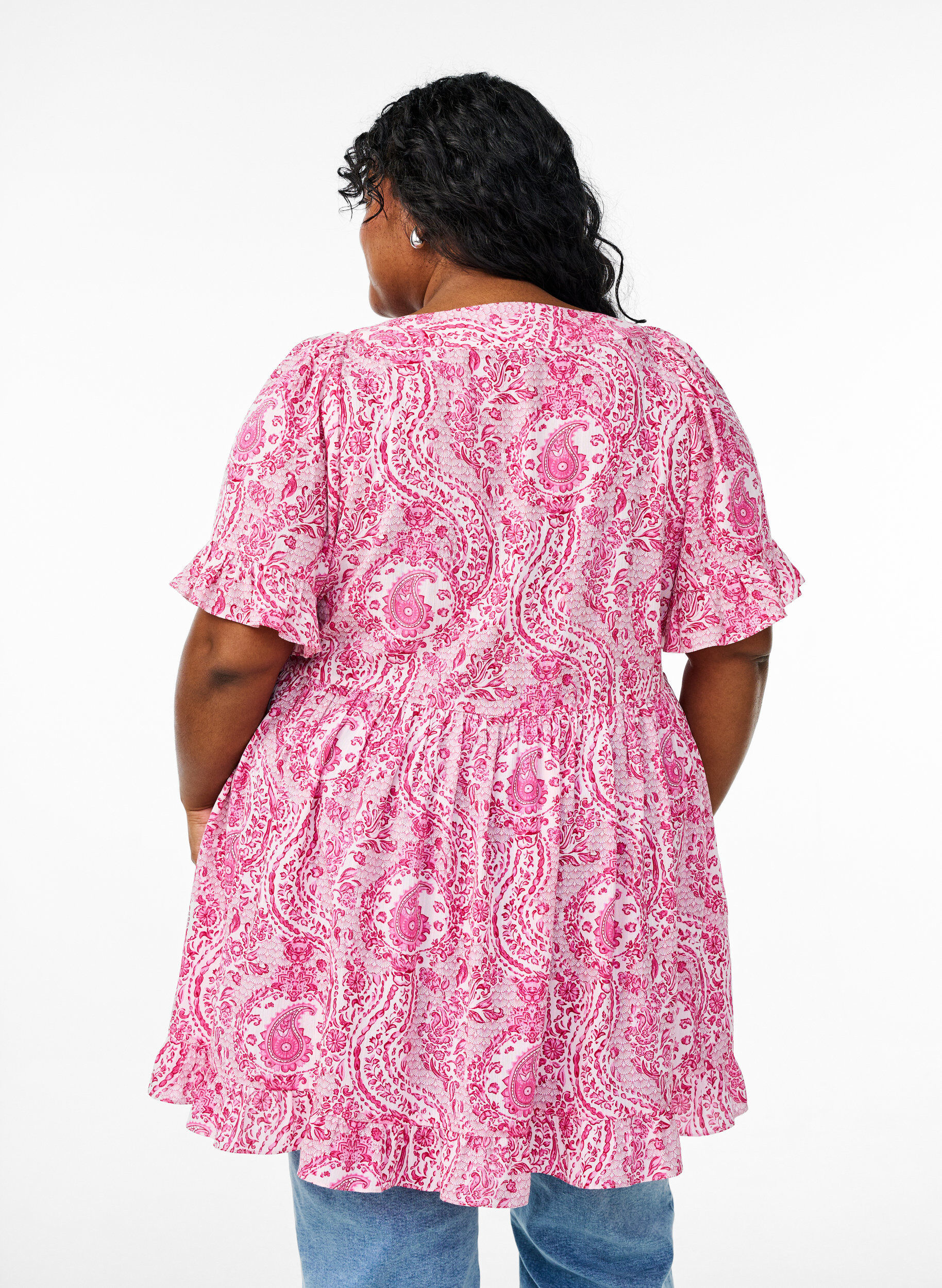 Zizzifashion Tunic with ruffles and paisley print, Pink, Model image number 2