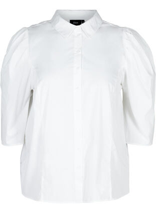 Cotton shirt with 3/4 length puff sleeves, Bright White, Packshot image number 0