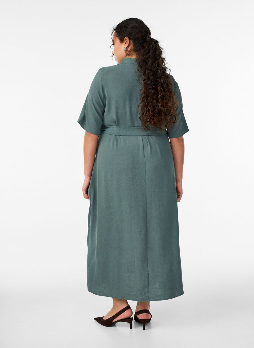 Midi shirt dress with tie belt, Green, Model image number 1