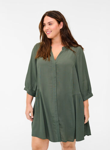 Viscose tunic with 3/4 sleeves, Thyme, Model image number 0