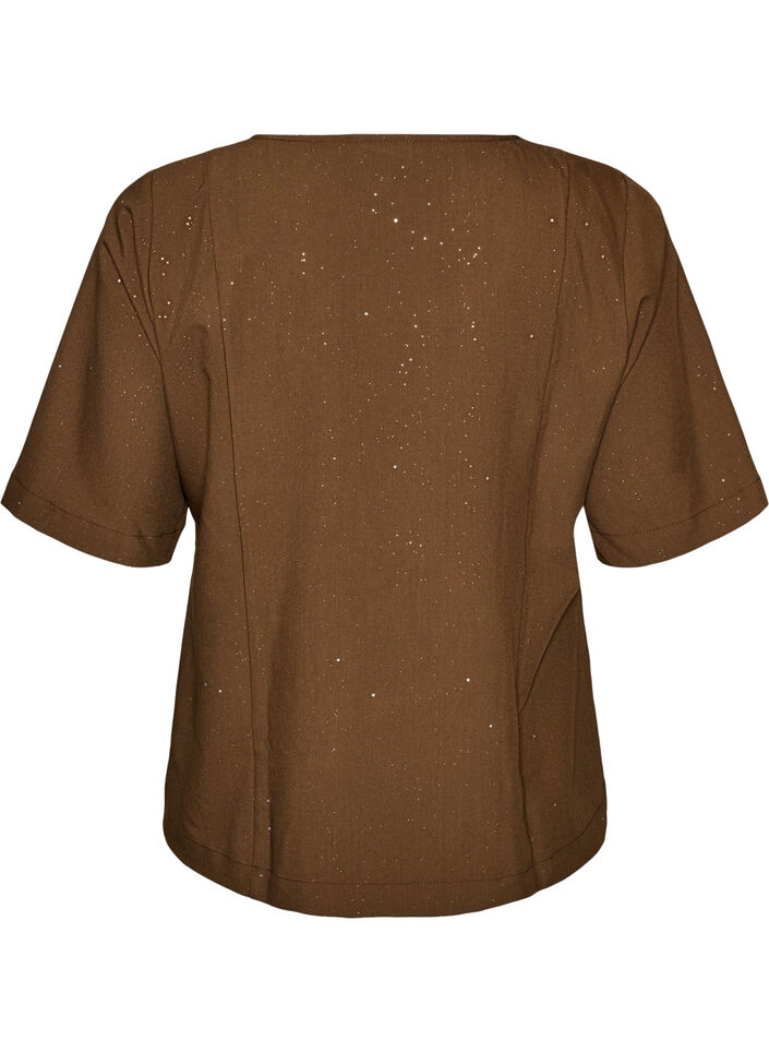 Blouse with glitter and V-neck, Brown, Packshot image number 1