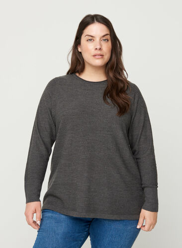 Ribbed knitted sweater with a round neck, Dark Grey Melange, Model image number 0