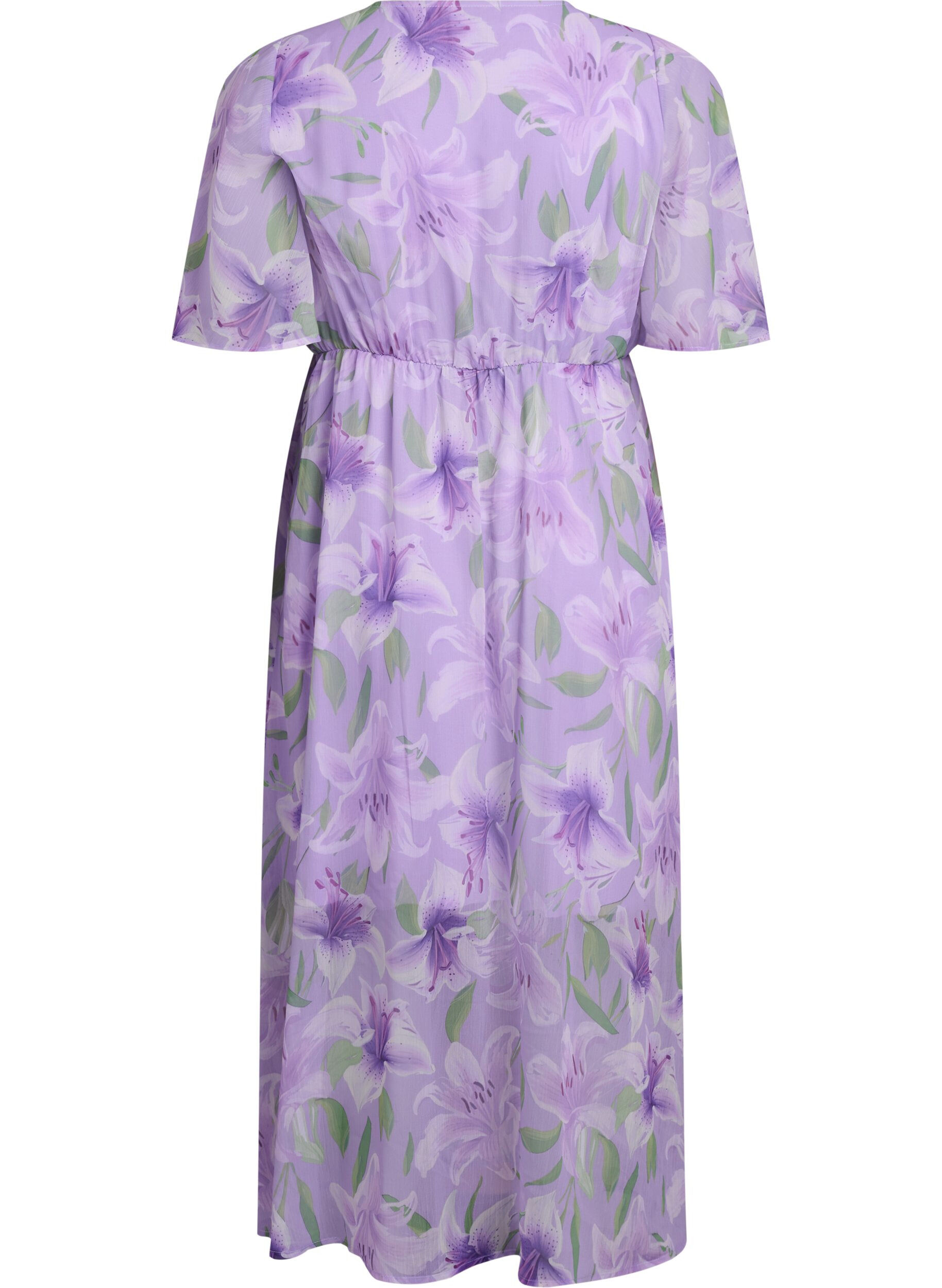 Zizzifashion Long chiffon dress with floral print and short sleeves, Purple, Packshot image number 1