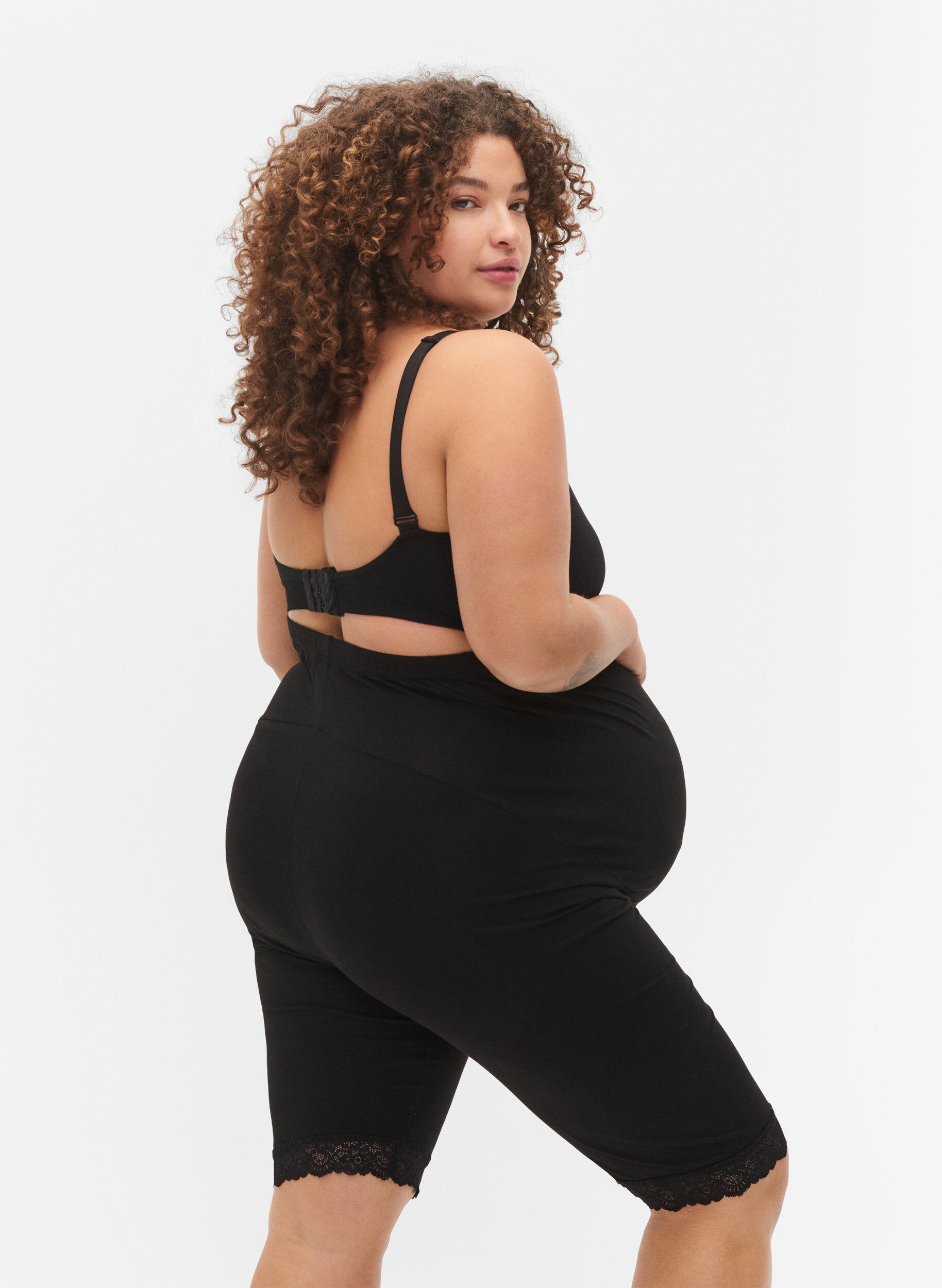 Zizzifashion Pregnancy bike shorts with lace trim, Black, Model image number 1