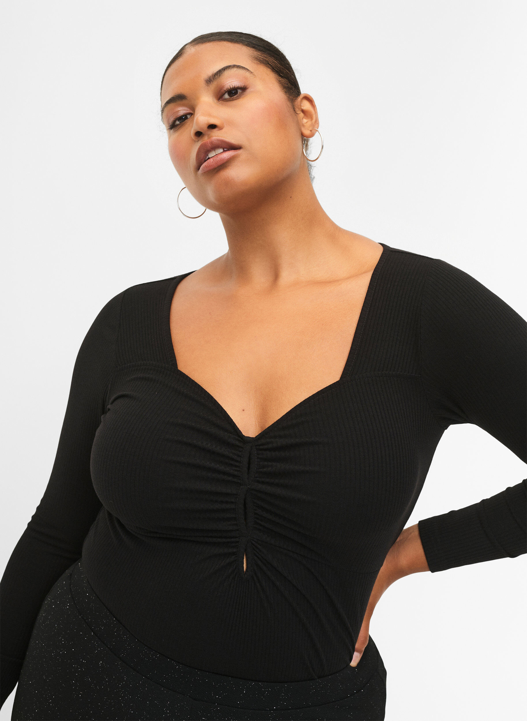 Zizzifashion Ribbed blouse with hole detail, Black, Model image number 2