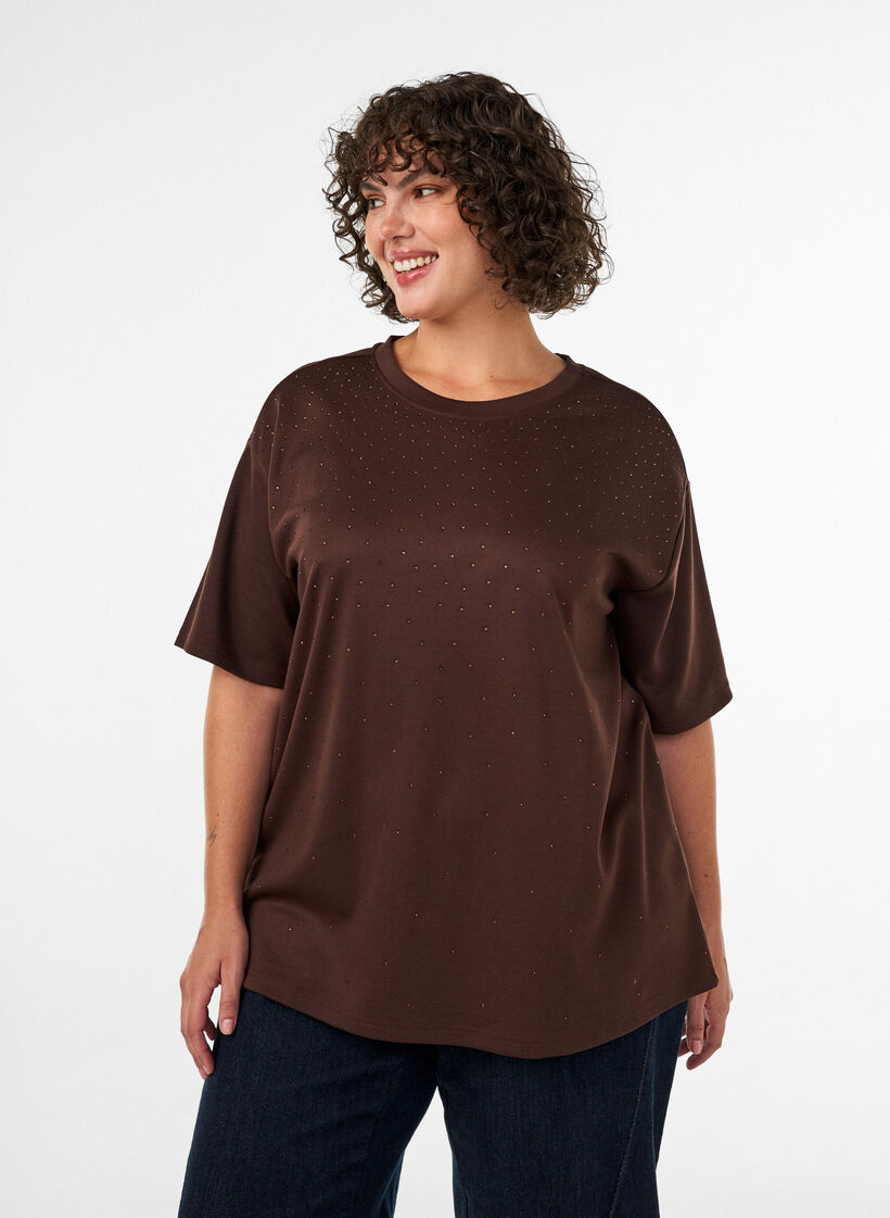 T-shirt with rhinestones and round neck, Brown, Model image number 0