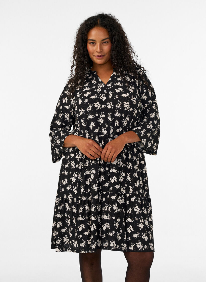 Short A-line jersey dress with an all-over print, Black, Model image number 0