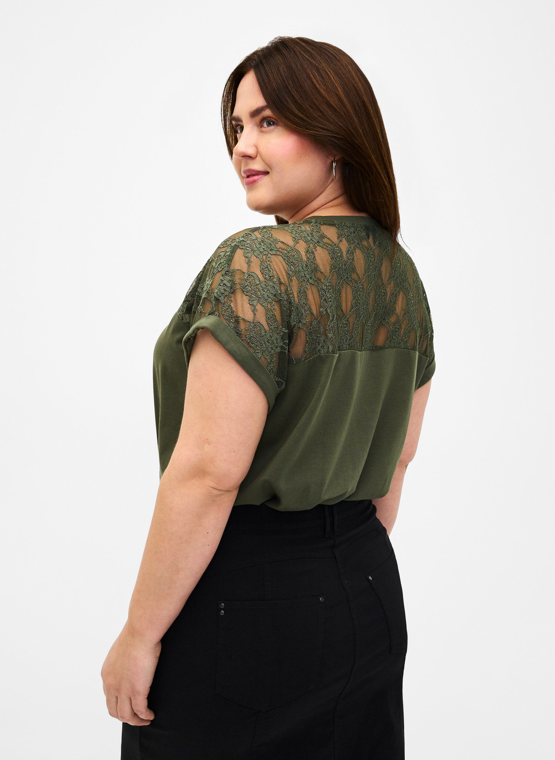 Zizzifashion Short-sleeved cotton t-shirt with lace, Thyme, Model image number 1