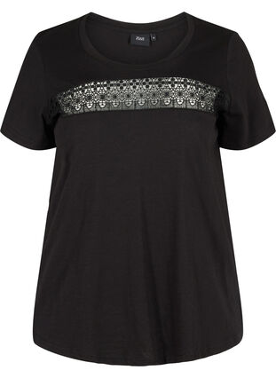 Cotton T-shirt with lace, Black, Packshot image number 0