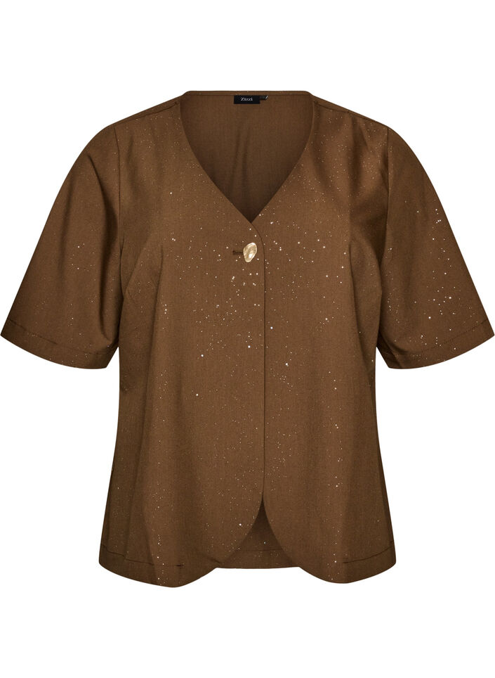 Blouse with glitter and V-neck, Brown, Packshot image number 0