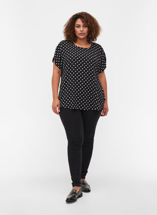 Blouse with short sleeves and a round neckline, Black w White Dot, Model image number 2
