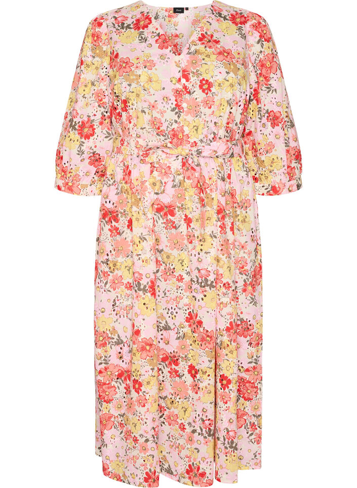 Floral midi dress with broderie anglaise and a tie-belt, Rose, Packshot