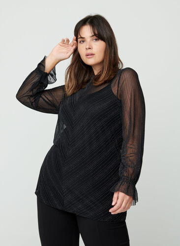 Slightly transparent blouse with lurex, Black w. Silver, Model image number 0
