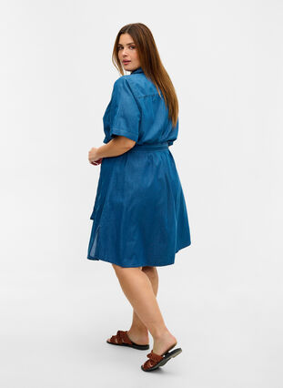 Cotton denim dress with waist belt, Medium Blue, Model image number 1