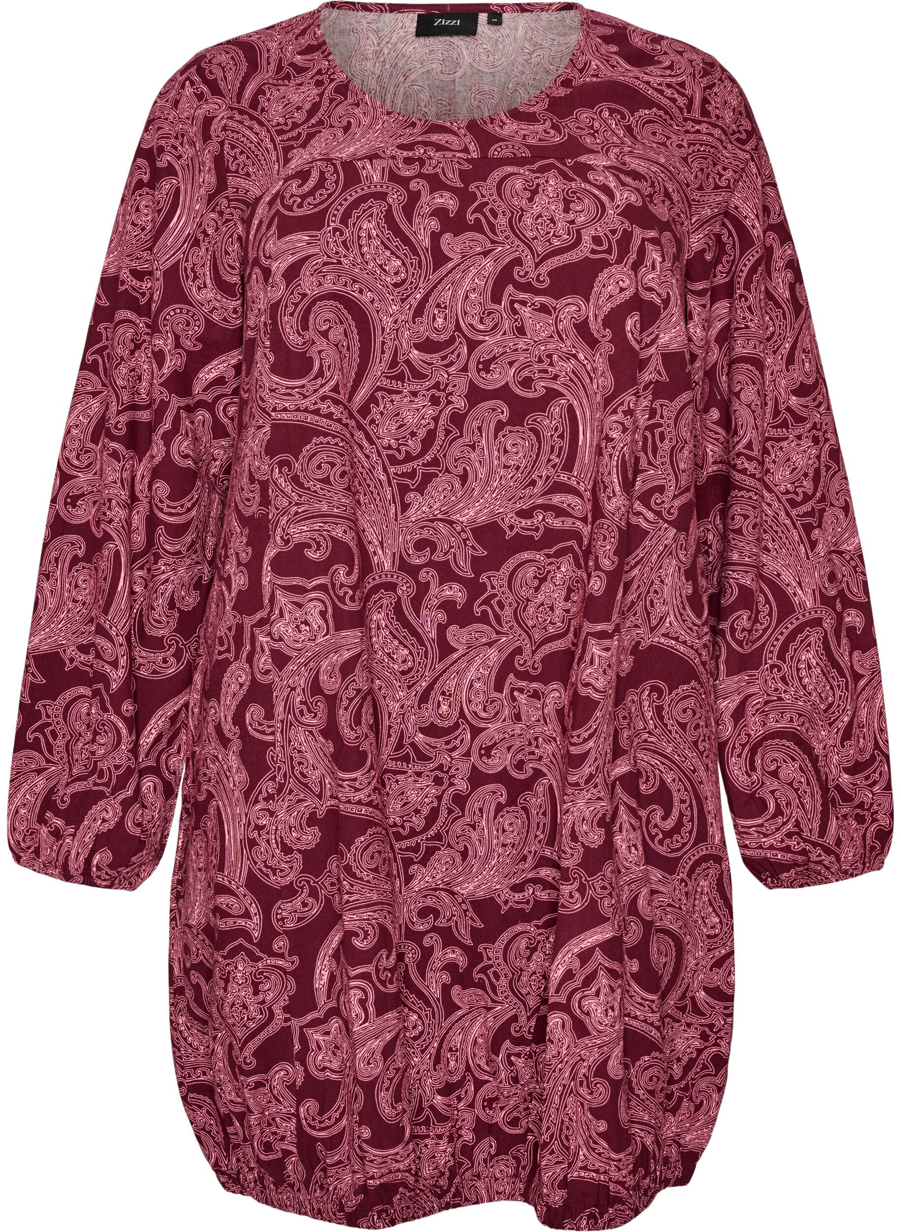 ZizzifashionShort cotton dress with an elasticated hem and long sleeves, Dark Bordeaux, Packshot image number 0